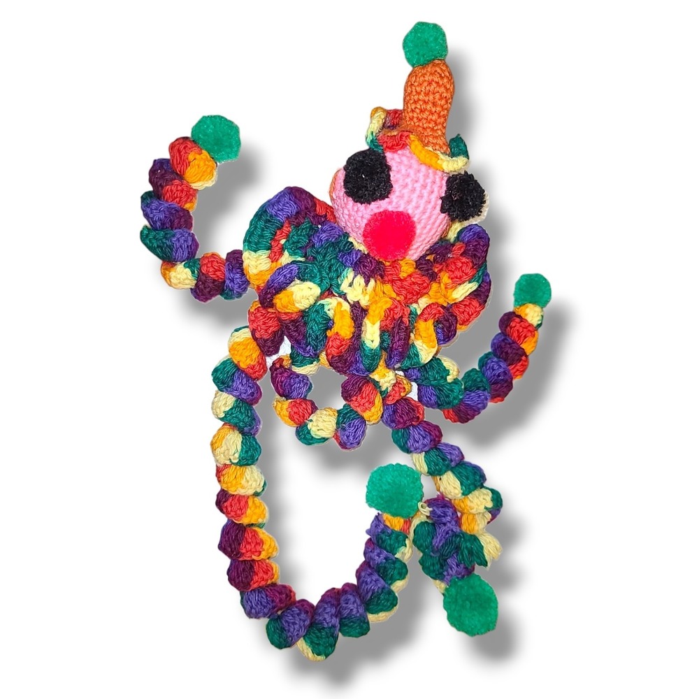 Vintage Handmade Crocheted Clown Doll Toy 20" Colorful Yarn Folk Art OOAK *READ*